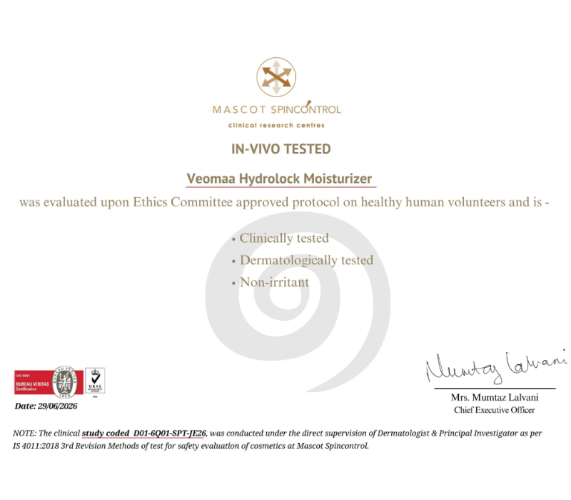 Veomaa Hydrolock Moisturizer Clinical Certificate