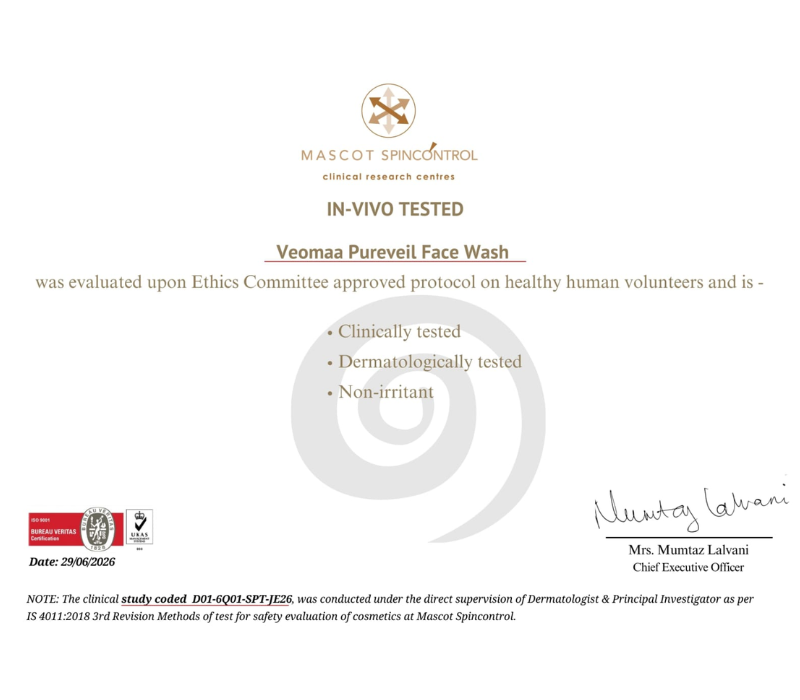 Veomaa Pureveil Face Wash Clinical Certificate